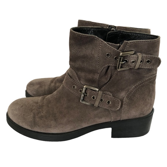 Aquatalia Shoes - Aguatalia Moto Chunky Bootie Buckle Suede Grey/Taupe Lug Sole Zip-Up NWOT 8.5